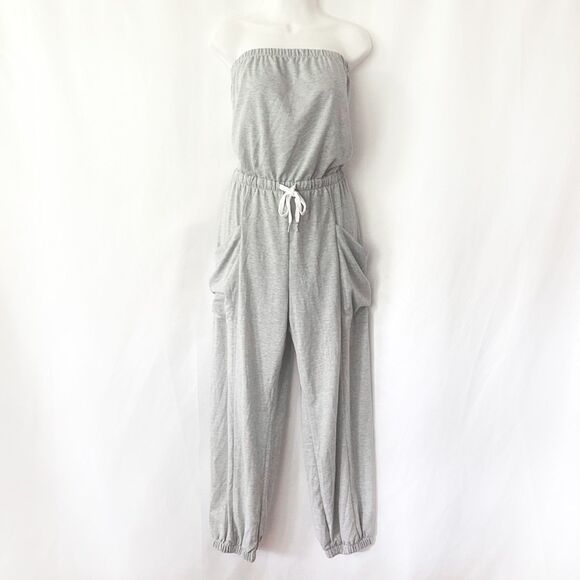 NWT GILLI Heather Grey Strapless Jogger Jumpsuit (L) Oversized Pocket Detail
